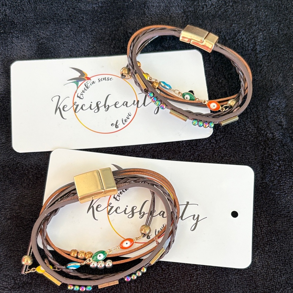 Brown Leather Bracelets with Multicolor Beads